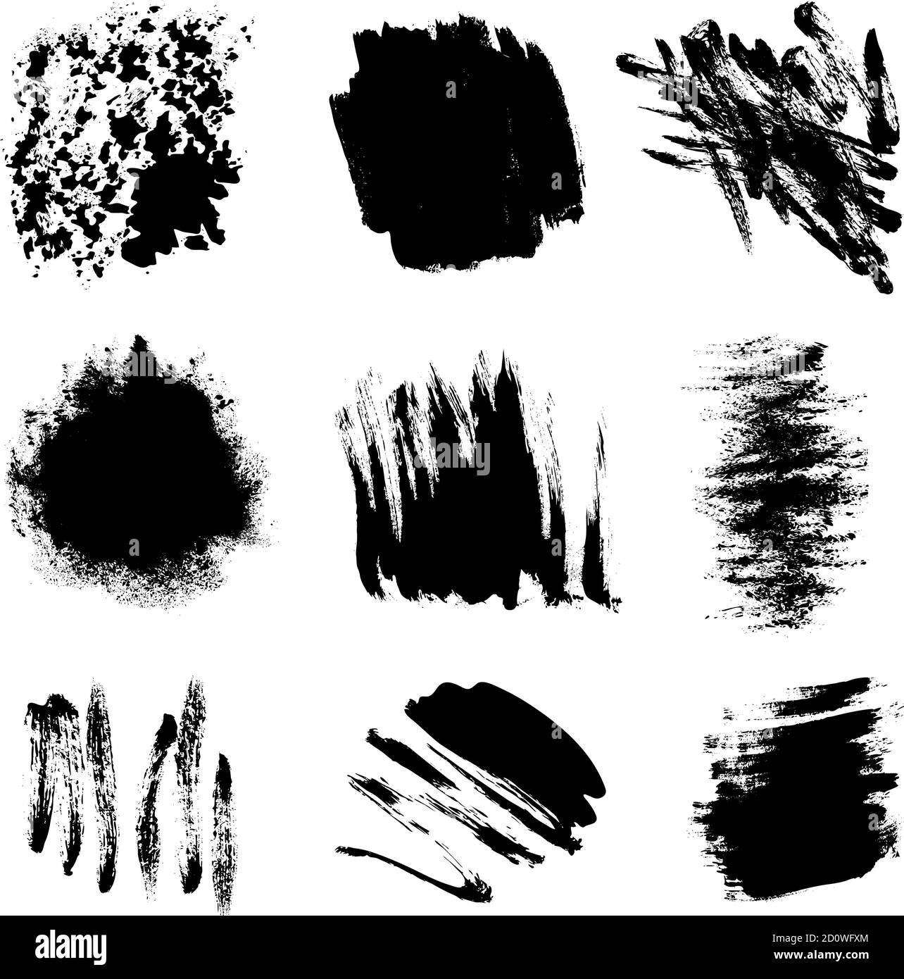 Set of black paint, ink splatters, grunge texture, brush strokes, brushes, blots, drops, splashes. Vector collection dirty artistic design elements Stock Vector