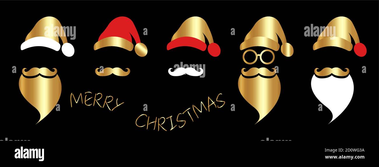 Santa Claus fashion hipster style set icons. Gold texture, Santa hats, moustache and beards, glasses. Christmas elements for your festive design Stock Vector