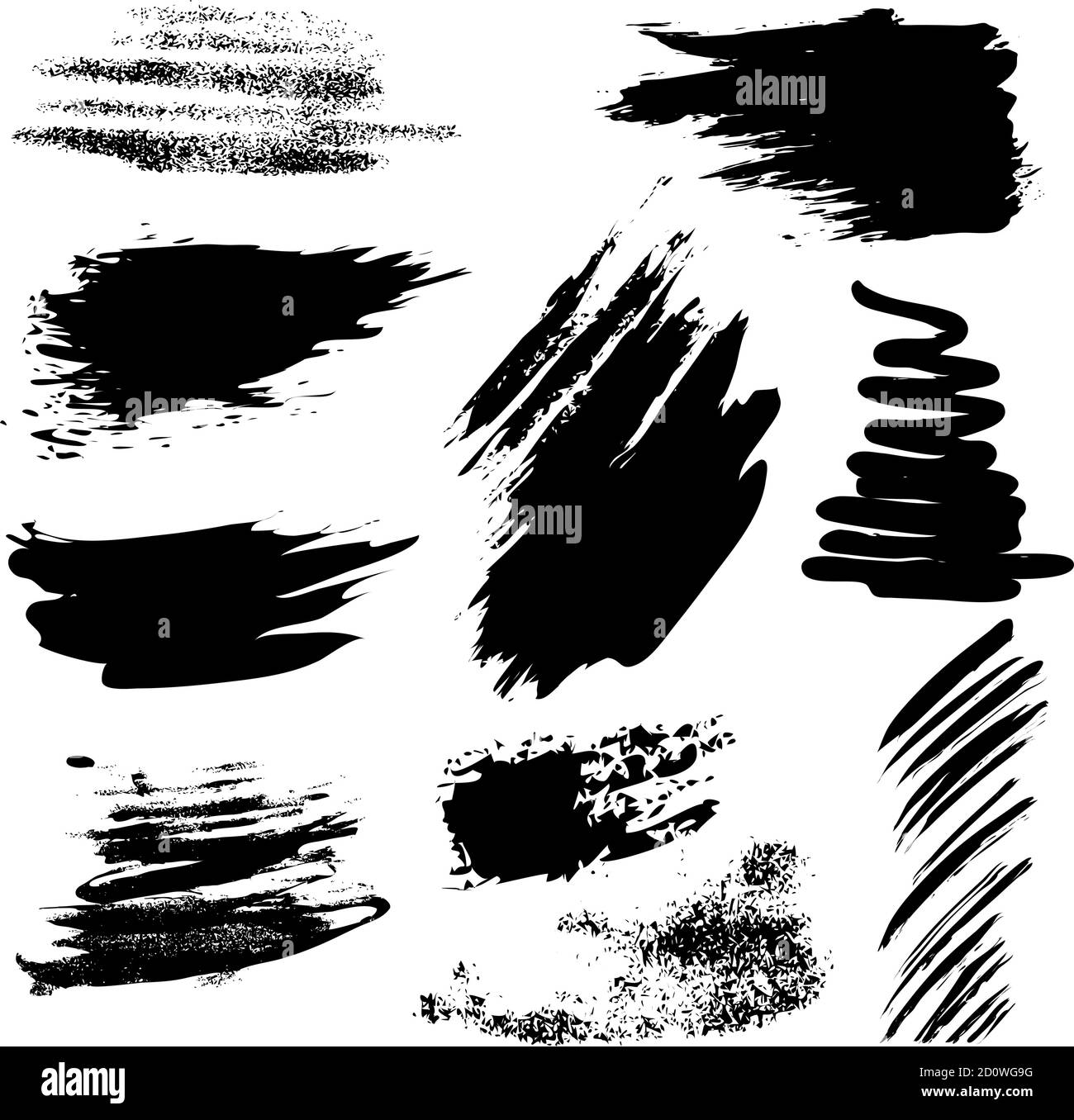 Set of black paint, ink splatters, grunge texture, brush strokes, brushes, blots, drops, splashes. Vector collection dirty artistic design elements Stock Vector