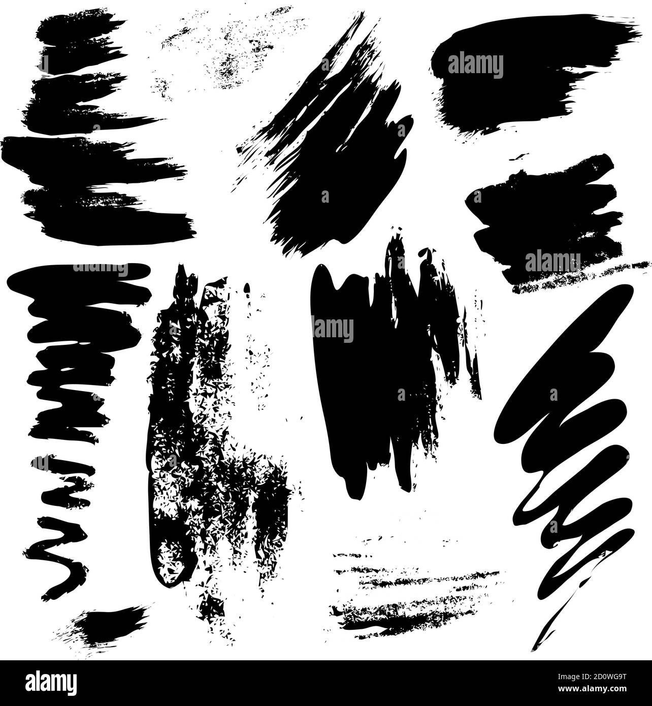 Set of black paint, ink splatters, grunge texture, brush strokes, brushes, blots, drops, splashes. Vector collection dirty artistic design elements Stock Vector