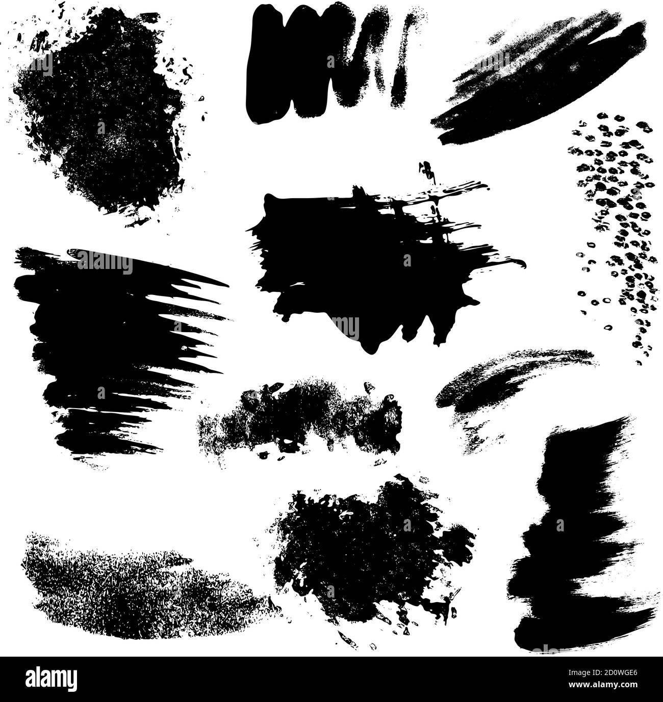 Set of black paint, ink splatters, grunge texture, brush strokes, brushes, blots, drops, splashes. Vector collection dirty artistic design elements Stock Vector