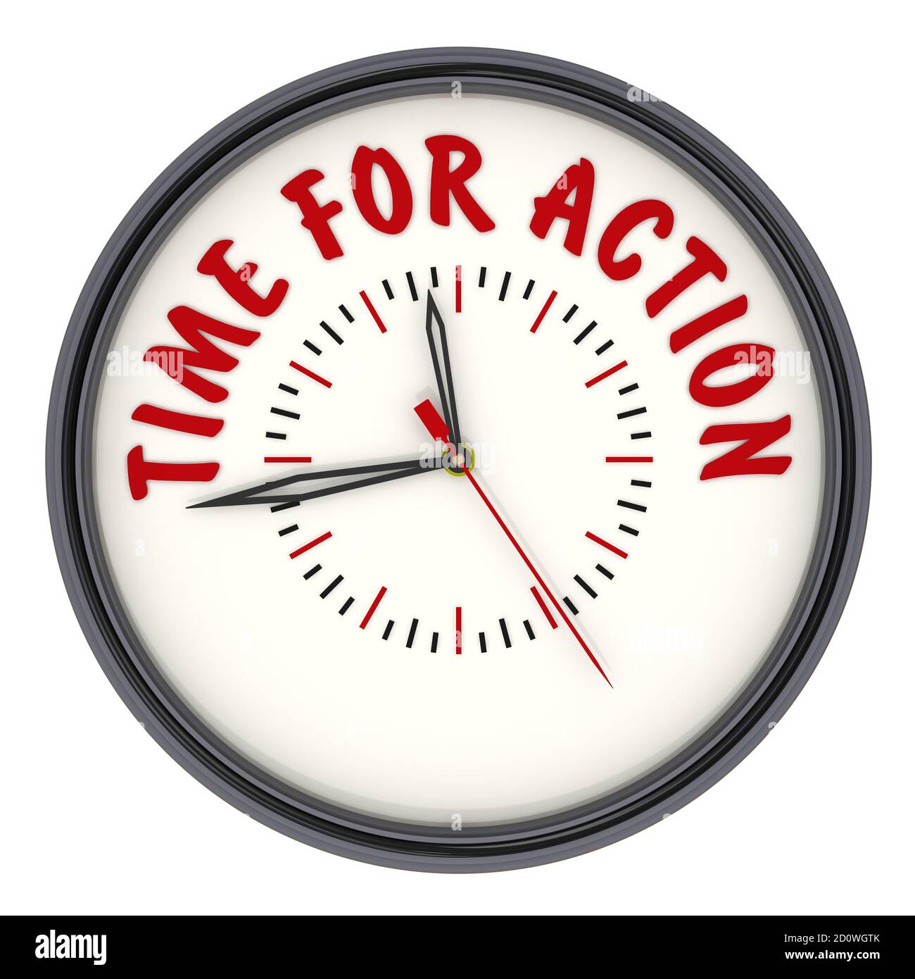 Time for action. Clock with text. Analog Clock with red text TIME FOR