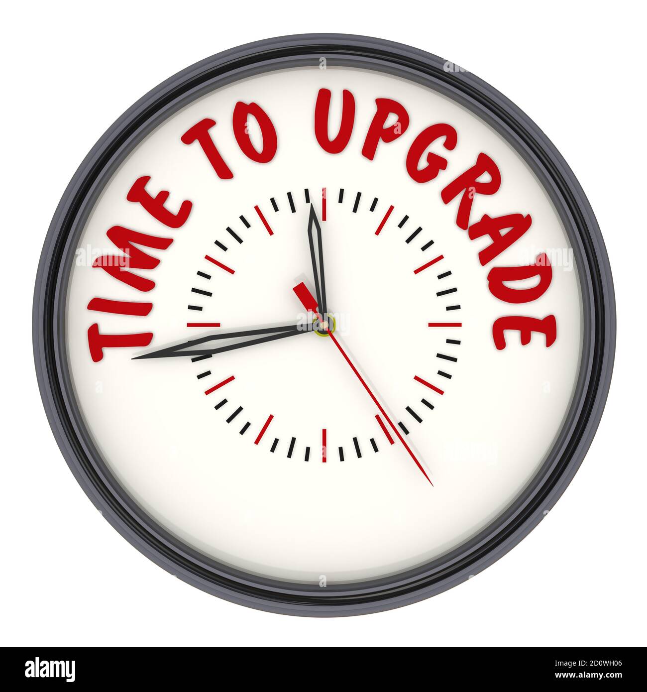 Time to upgrade. Clock with text. Analog Clock with red text TIME TO UPGRADE. Isolated. 3D Illustration Stock Photo