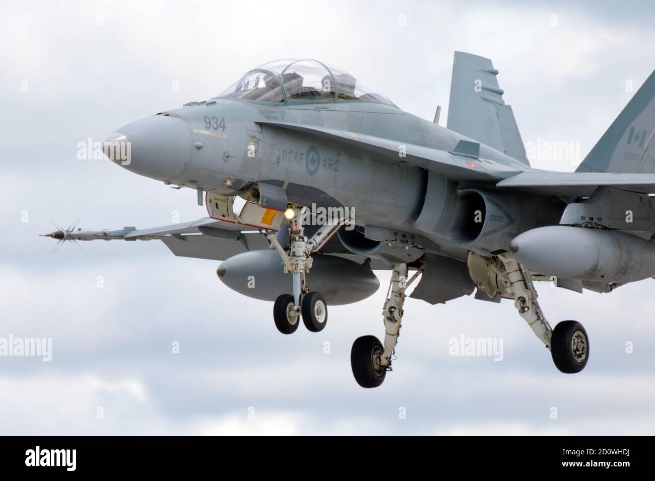 A Royal Canadian Air Force (RCAF) CF-18 Hornet landing at Airshow London 2020 Skydrive, an airshow held in London, Ontario, Canada. Stock Photo
