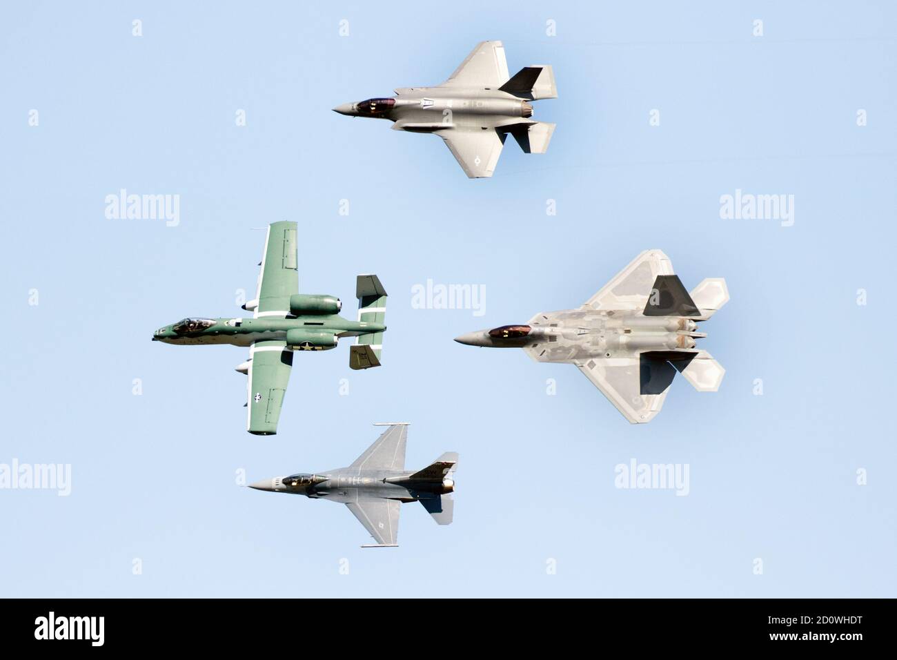One of a kind formation flight including A-10, F-16, F-35 and F-22 at Airshow London Skydrive 2020, in London, Ontario, Canada. Stock Photo