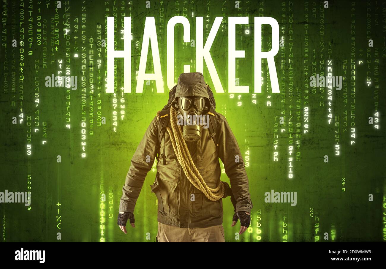 Faceless hacker with HACKER inscription, hacking concept Stock Photo