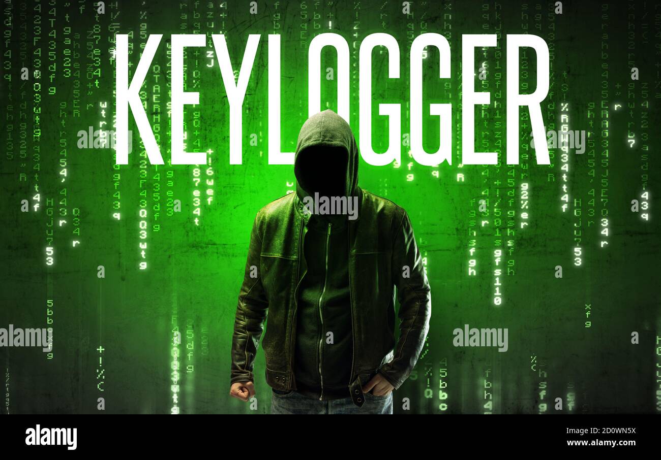 Faceless hacker with KEYLOGGER inscription, hacking concept Stock Photo