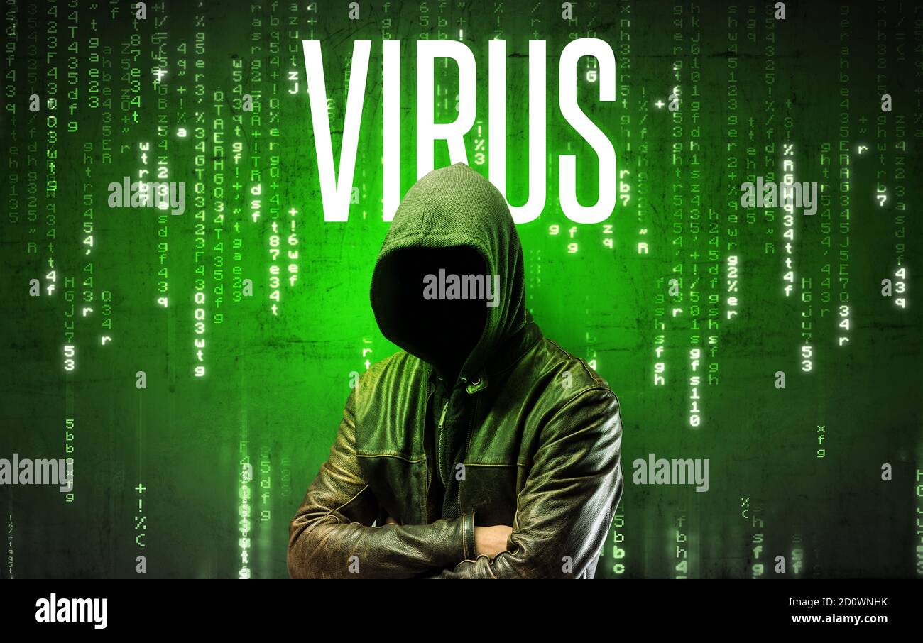 Faceless hacker with VIRUS inscription, hacking concept Stock Photo - Alamy
