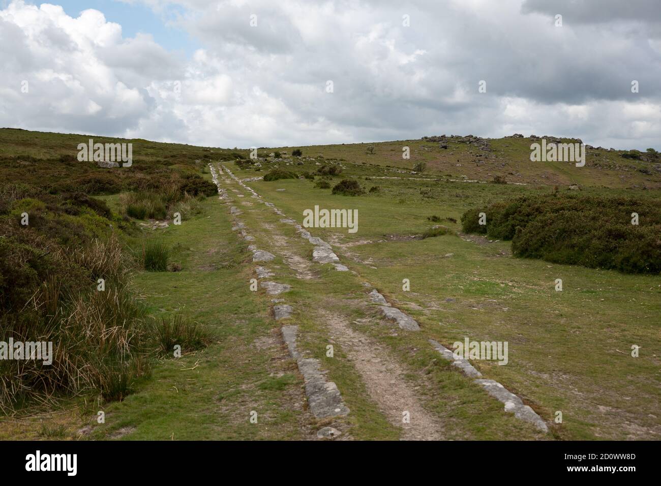 Haytor Granite Tramway formerly used to guide the wheels of horse-drawn wagons in Dartmoor, Devon UK Stock Photo