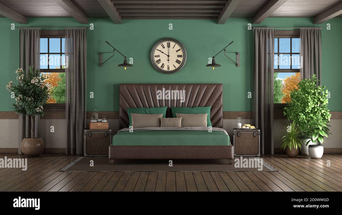 Leather double bed in a green room with two wooden windows - 3d rendering Stock Photo
