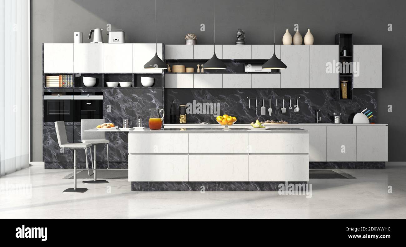 Modern kitchen in black and white marble with island and stools - 3d ...