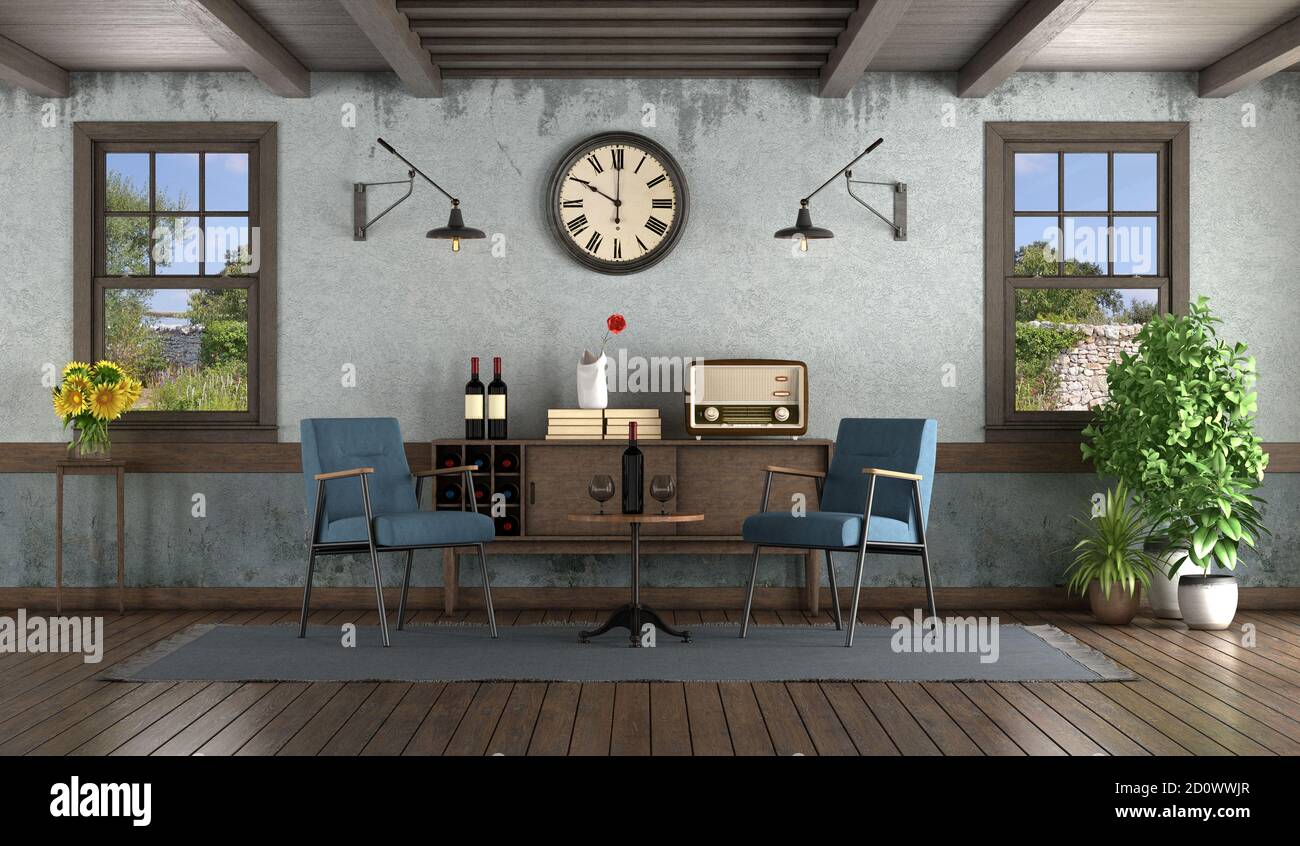 Retro style living room with armchairs ,sideboard and wooden windows - 3d rendering Stock Photo