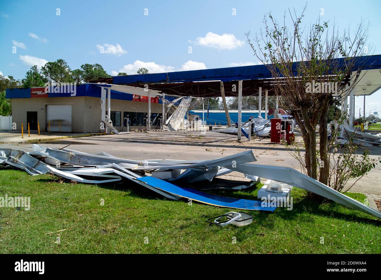 Destruction at a convenience store in Foley, Alabama caused by Hurricane Sally. Stock Photo