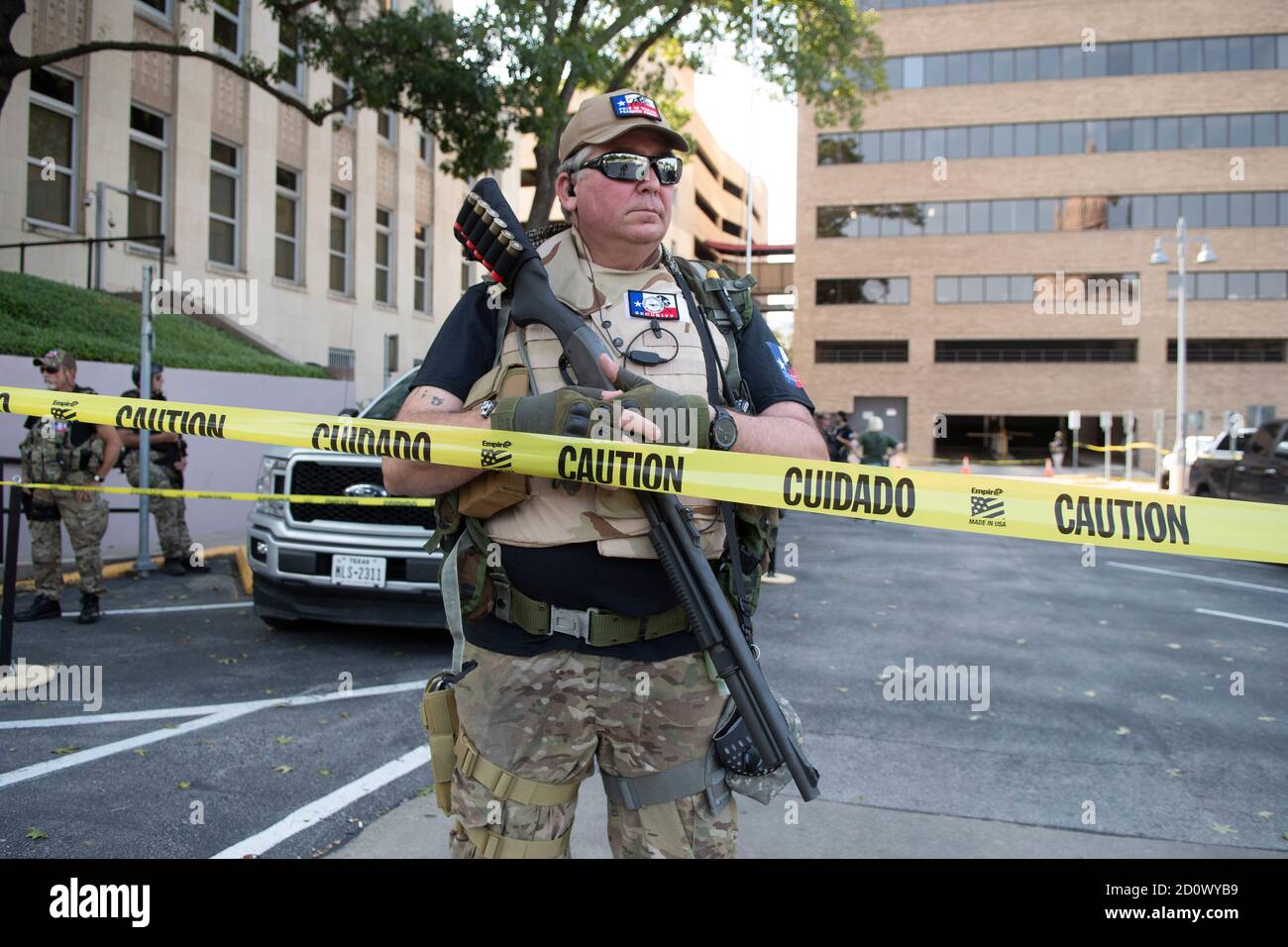 Austin, TX USA October 3, 2020: Members of the This is Texas Freedom Force (TITFF) stand guard outside the Texas Capitol during a 'Constitutional Rights Summit' where Texans were encouraged to speak out and stand up to 'tyranny and government over reach' and the right to carry guns. Credit: Bob Daemmrich/Alamy Live News Stock Photo