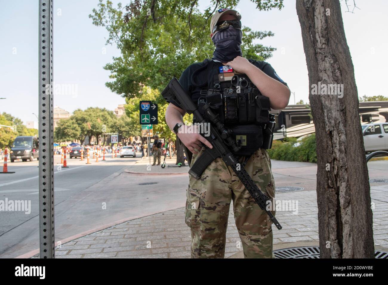 Austin, TX USA October 3, 2020: Members of the This is Texas Freedom Force (TITFF) stand guard outside the Texas Capitol during a 'Constitutional Rights Summit' where Texans were encouraged to speak out and stand up to 'tyranny and government over reach' and the right to carry guns. Credit: Bob Daemmrich/Alamy Live News Stock Photo