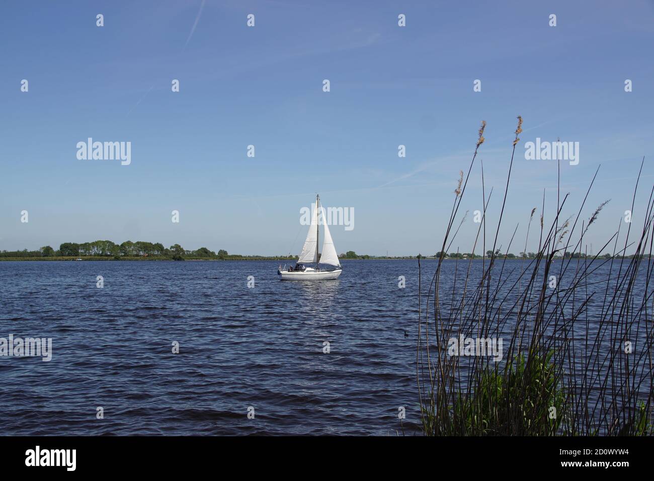 View on the Alkmaardermeer lake with a sailing ship near the Dutch village of Akersloot. Netherlands, May Stock Photo