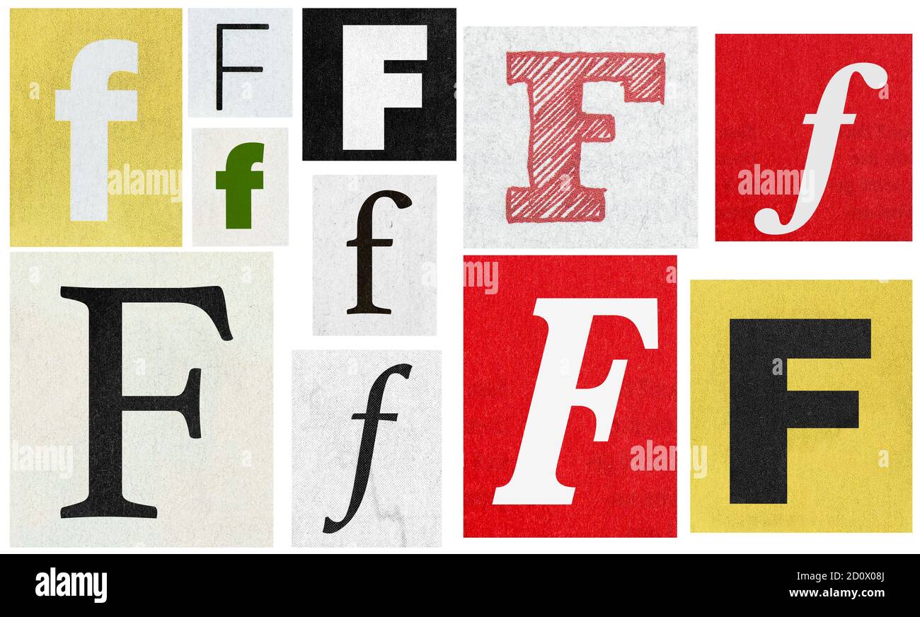 Paper cut letter F collage. Newspaper cutouts. Creative scrapbooking and crafting Stock Photo