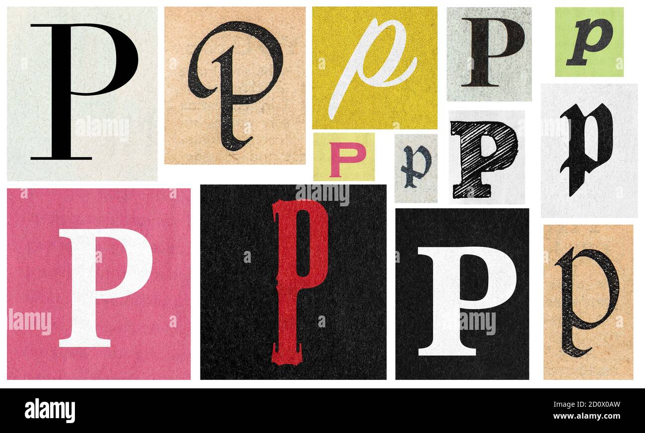 Paper cut letter p. Newspaper cutouts for scrapbooking and crafting Stock Photo