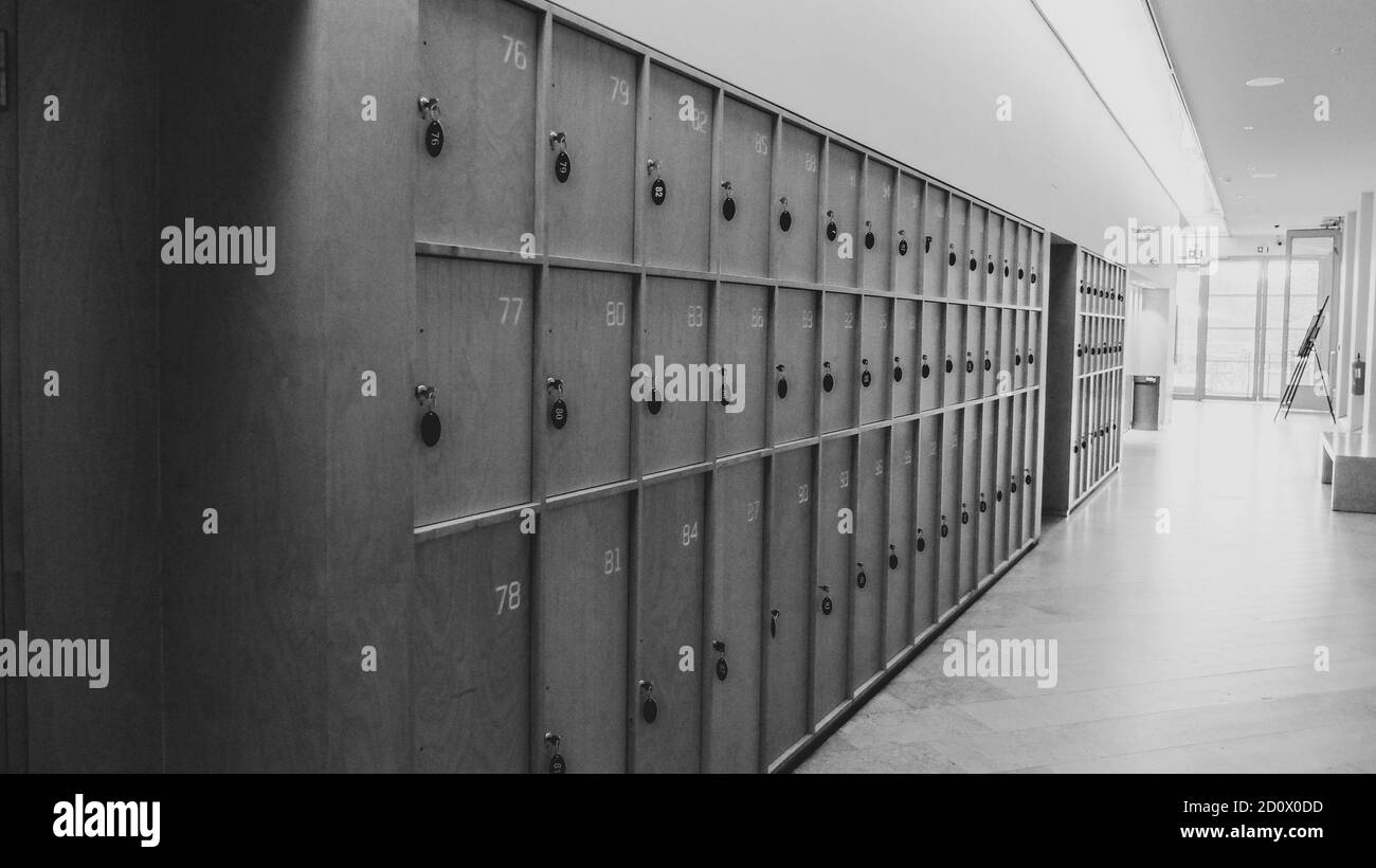 Close up of wooden lockers in black and white Stock Photo
