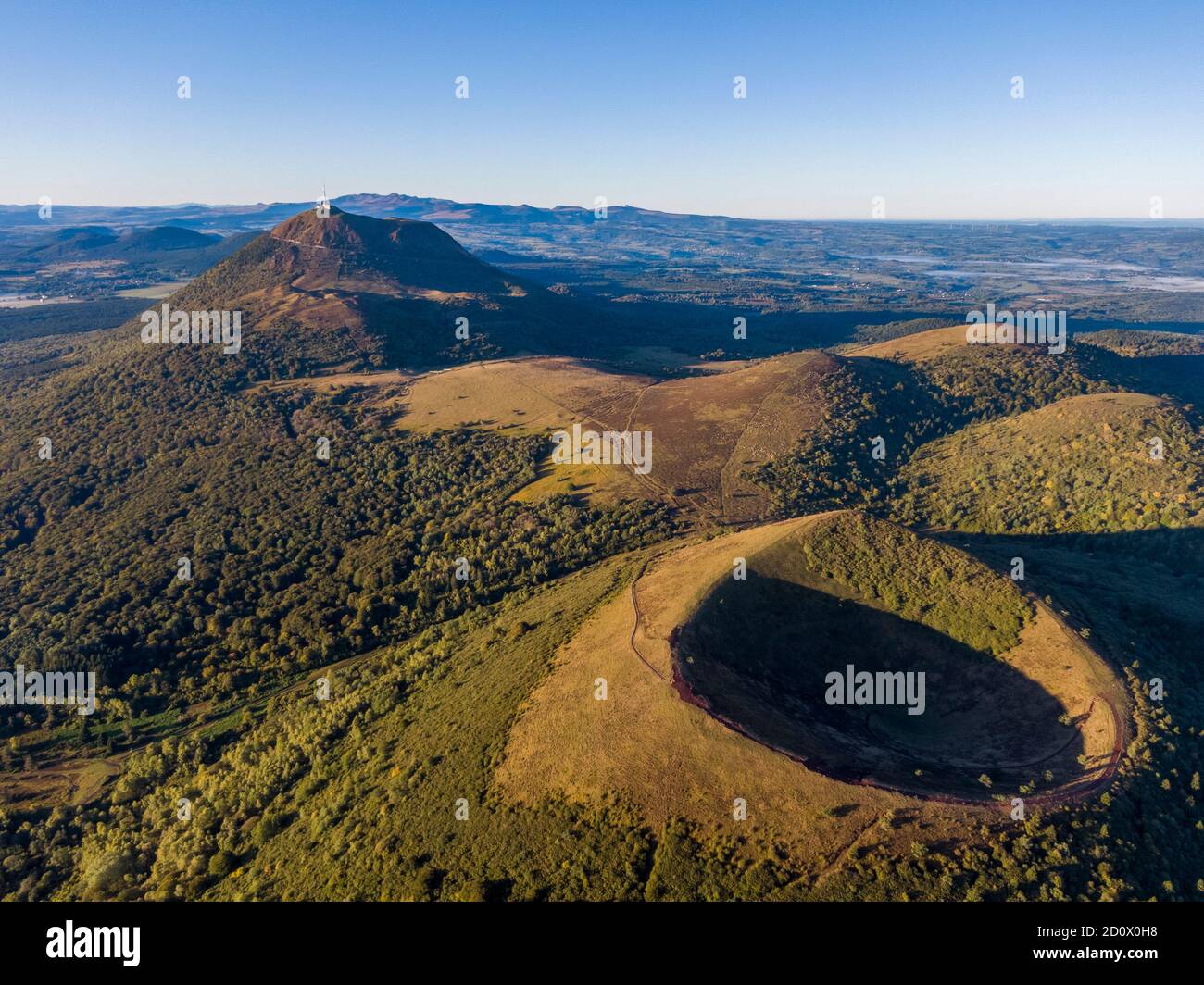 Aerial Panorama Of Puy Pariou And Puy De Dome Volcanoes In France Stock aerial-panorama-of-puy-pariou-and-puy-de-dome-volcanoes-in-france-stock