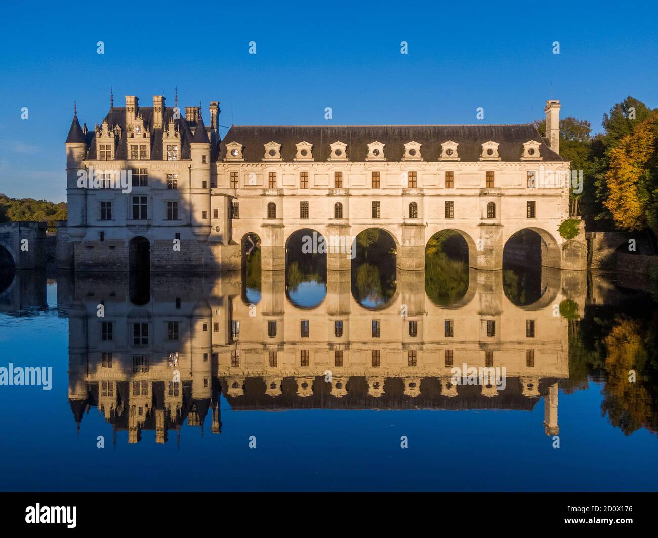 Sunset view of Chenonceaux romantic castle, one of the best-known chateaux of the Loire valley, France Stock Photo