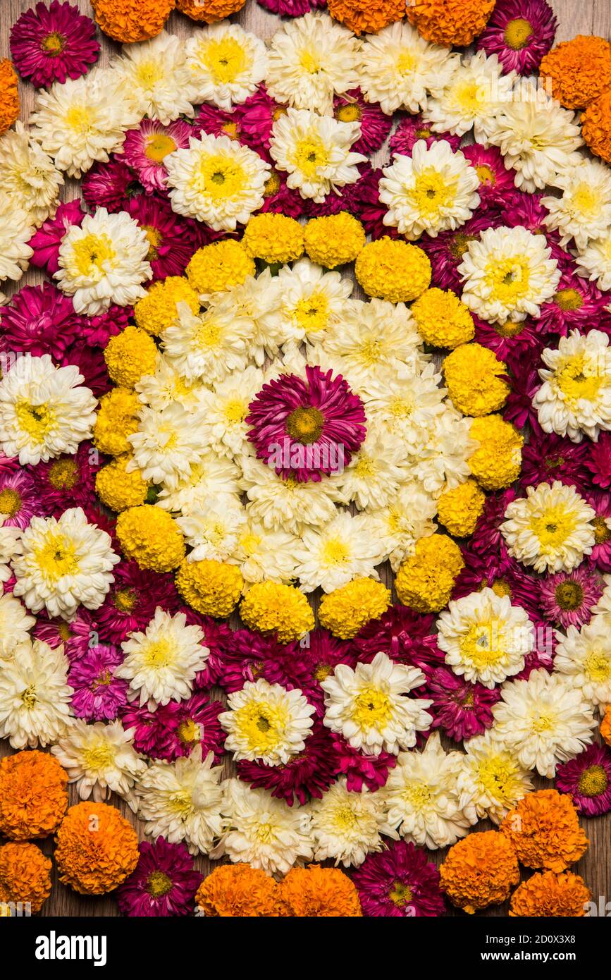 Flower Rangoli for Diwali or Pongal Festival made using Marigold ...