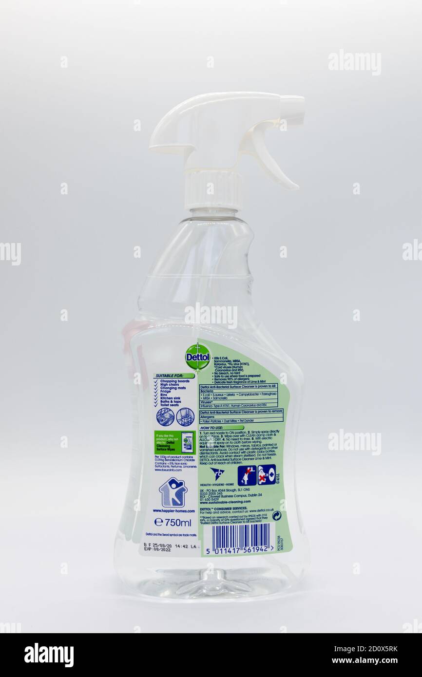 Irvine, Scotland, UK - October 01, 2020: Dettol surface cleanser in a recyclable plastic bottle and spray cap displaying information symbols on from a Stock Photo