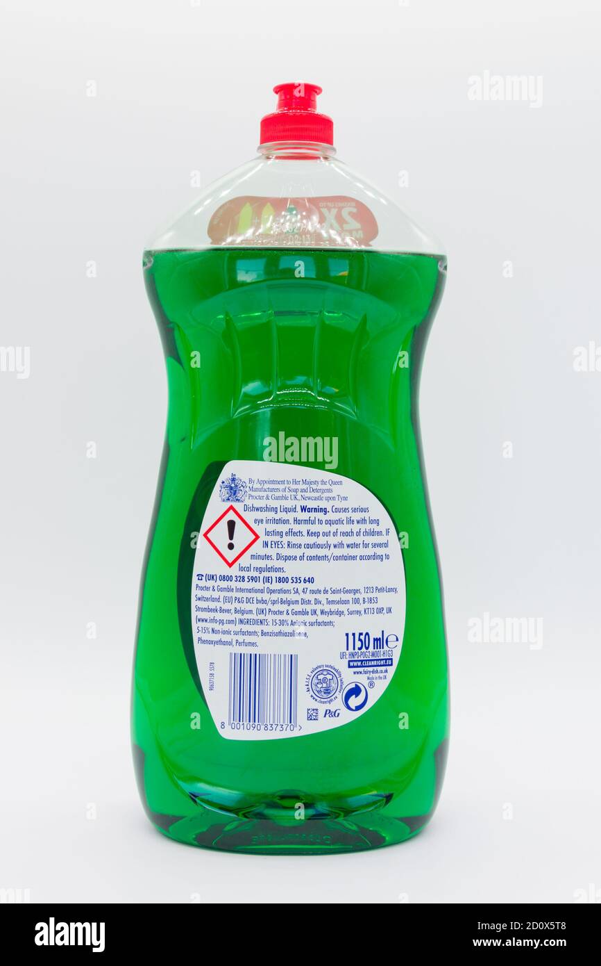 Irvine, Scotland, UK - October 01, 2020: Plastic bottle of Green Fairy Original Liquid where both bottle and cap are recyclable. Danger and recycling Stock Photo
