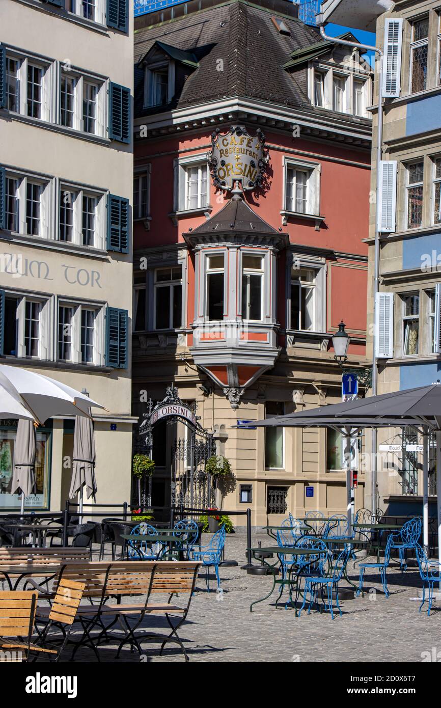 ZURICH, SWITZERLAND, JUL 30 2020, The historical houses on the square Munsterhof in Zurich, Switzerland. Stock Photo