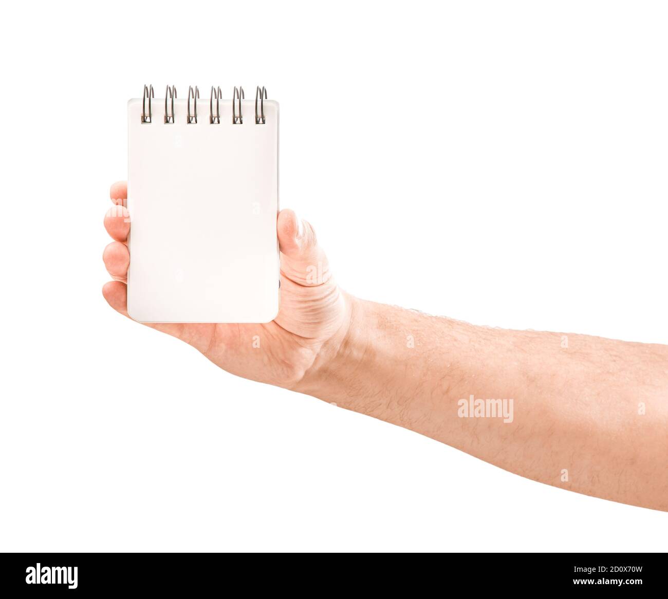 Male Hands Holding Pad of Paper Isolated on a White Background. Stock Photo