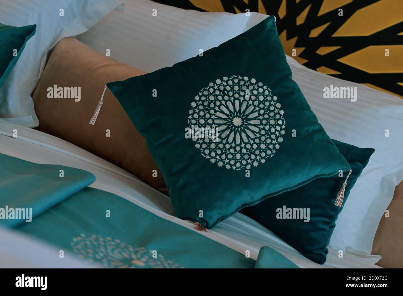 Hotel room in Morocco. Moroccan furniture and Moroccan engraving Stock