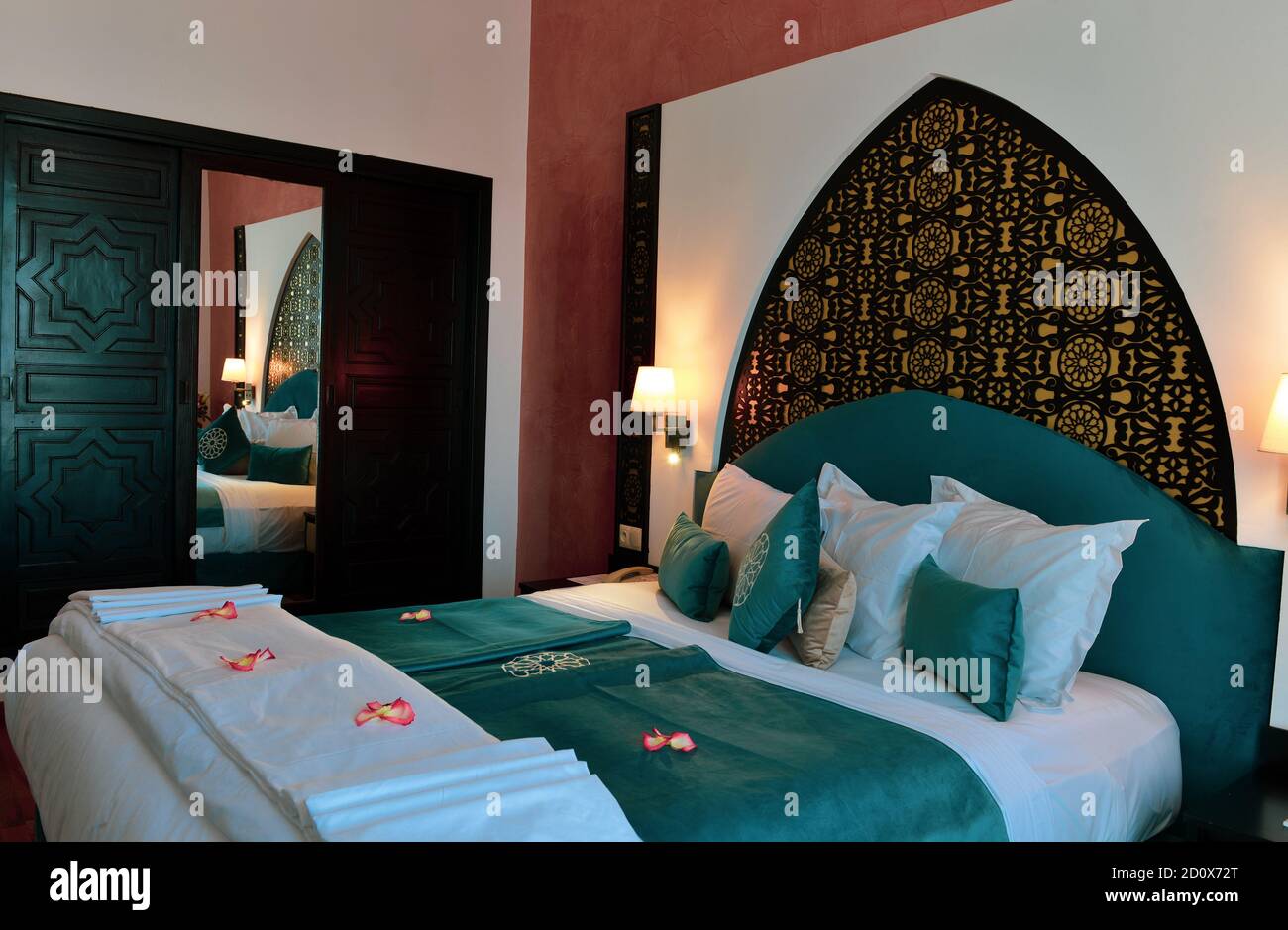Hotel room in Morocco. Moroccan furniture and Moroccan engraving Stock