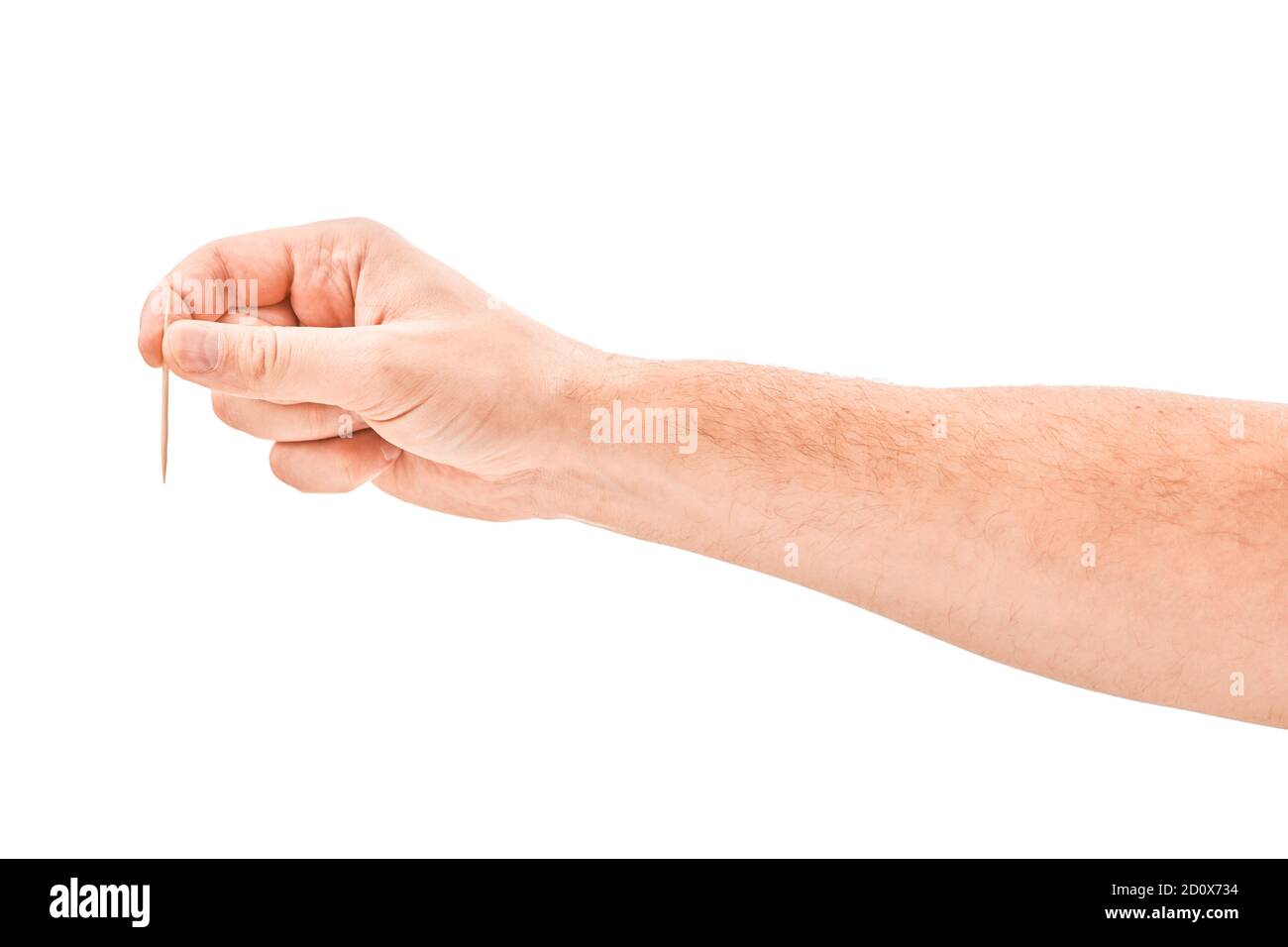 man's hand holding a toothpick. Isolated on white background Stock