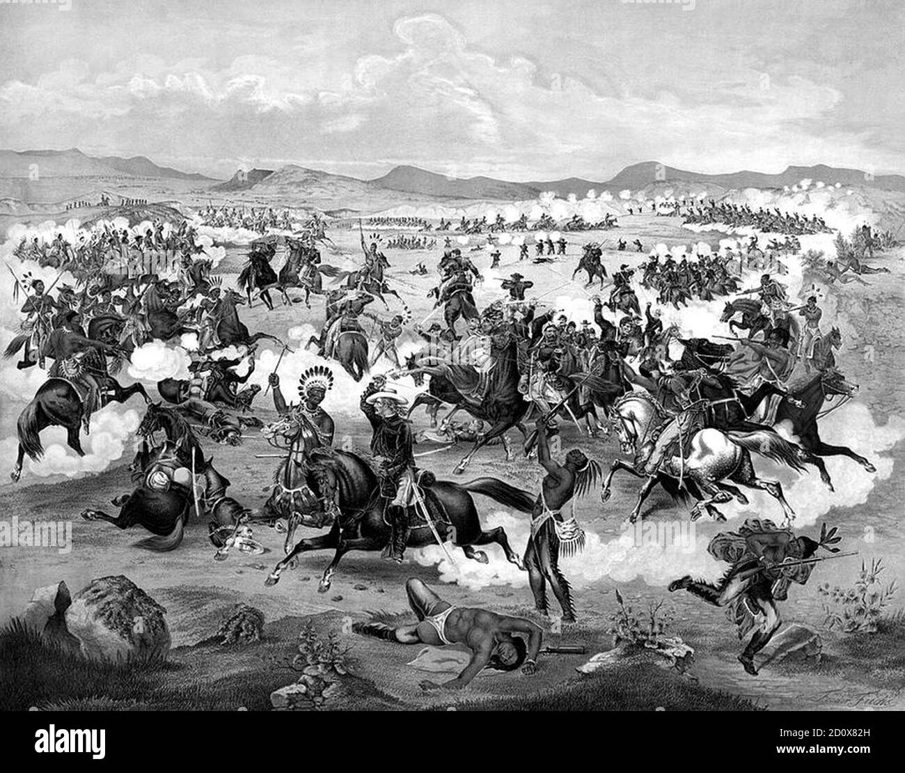 1876 illustration of Lieutenant Colonel Custer on horseback and his U.S. Army troops making their last charge at the Battle of the Little Bighorn. Public domain picture by virtue of age. Originally published by Seifert Gugler & Co in 1876. The Battle of the Little Bighorn, known to the Lakota and other Plains Indians as the Battle of the Greasy Grass and also commonly referred to as Custer's Last Stand, was an armed engagement between combined forces of the Lakota, Northern Cheyenne, and Arapaho tribes and the 7th Cavalry Regiment of the United States Army. The battle, which resulted in the Stock Photo