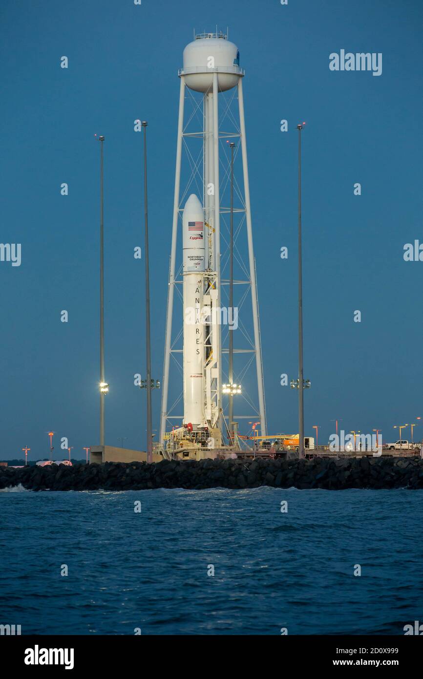 The Northrop Grumman Antares rocket, with Cygnus resupply spacecraft onboard, is ready for launch at the Mid-Atlantic Regional Spaceport in the NASA Wallops Flight Facility October 1, 2020 in Wallops, Virginia. The commercial cargo resupply mission is carrying 8,000 pounds of supplies and equipment to the International Space Station. Stock Photo