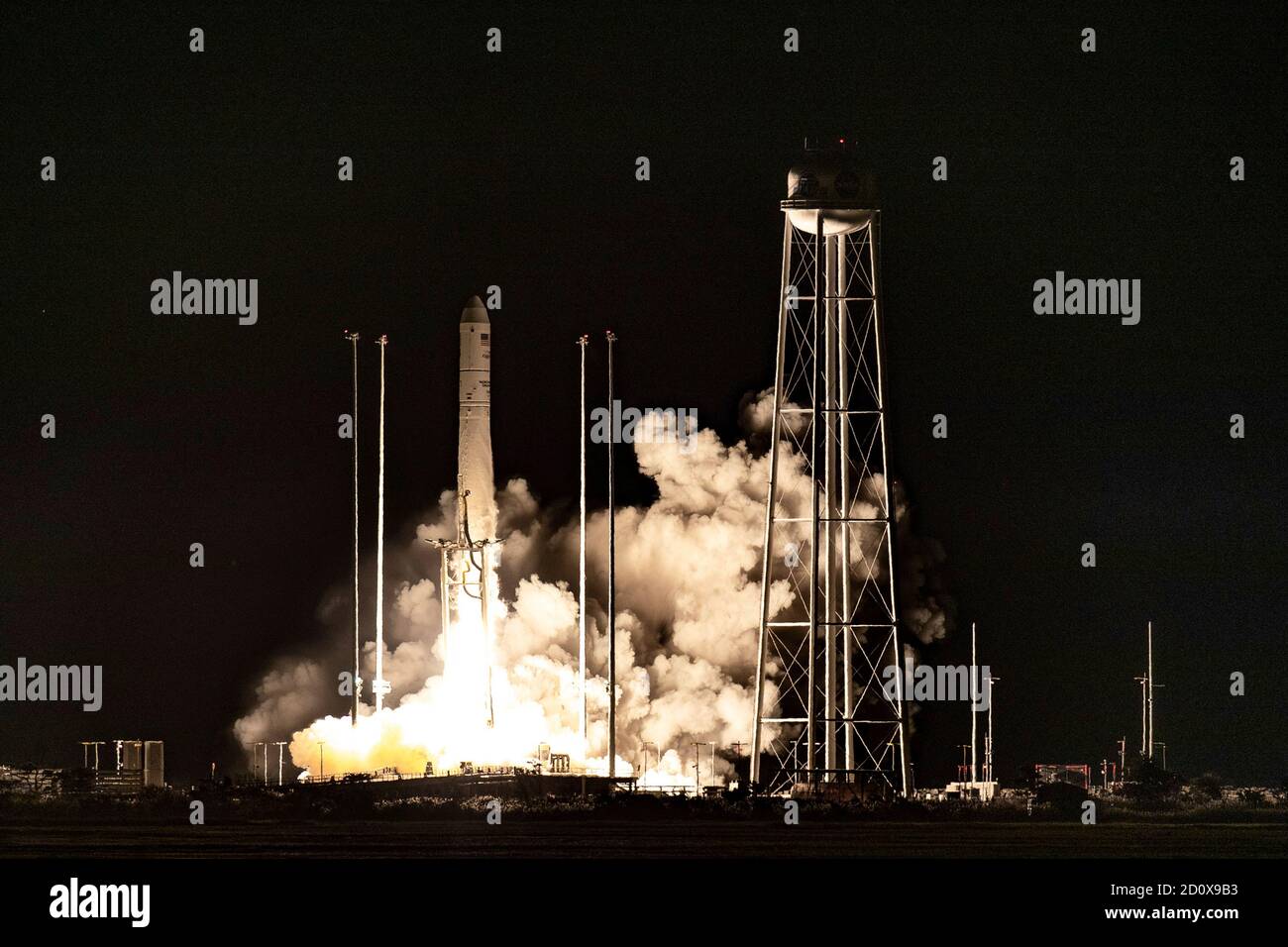 The Northrop Grumman Antares rocket, with Cygnus resupply spacecraft onboard, lifts off from the Mid-Atlantic Regional Spaceport at the NASA Wallops Flight Facility October 1, 2020 in Wallops, Virginia. The commercial cargo resupply mission is carrying 8,000 pounds of supplies and equipment to the International Space Station. Stock Photo