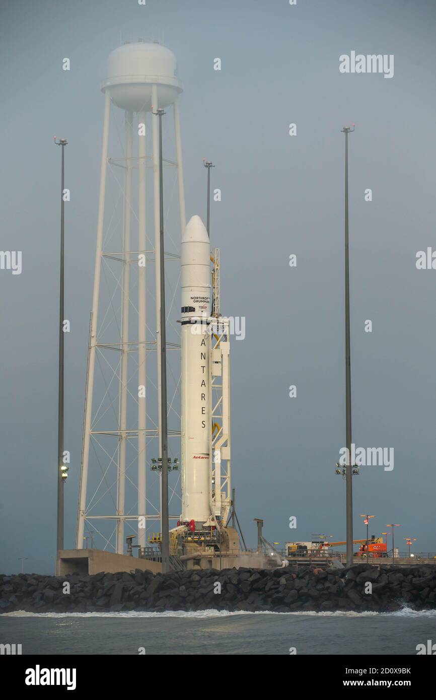 The Northrop Grumman Antares rocket, with Cygnus resupply spacecraft onboard, is moved into vertical position for launch at the Mid-Atlantic Regional Spaceport in the NASA Wallops Flight Facility September 26, 2020 in Wallops, Virginia. The commercial cargo resupply mission is carrying 8,000 pounds of supplies and equipment to the International Space Station. Stock Photo