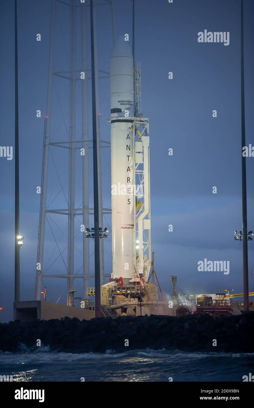 The Northrop Grumman Antares rocket, with Cygnus resupply spacecraft onboard, is moved into vertical position for launch at the Mid-Atlantic Regional Spaceport in the NASA Wallops Flight Facility September 26, 2020 in Wallops, Virginia. The commercial cargo resupply mission is carrying 8,000 pounds of supplies and equipment to the International Space Station. Stock Photo