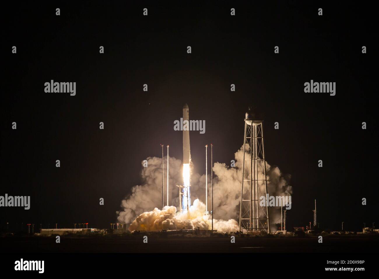 The Northrop Grumman Antares rocket, with Cygnus resupply spacecraft onboard, lifts off from the Mid-Atlantic Regional Spaceport at the NASA Wallops Flight Facility October 1, 2020 in Wallops, Virginia. The commercial cargo resupply mission is carrying 8,000 pounds of supplies and equipment to the International Space Station. Stock Photo