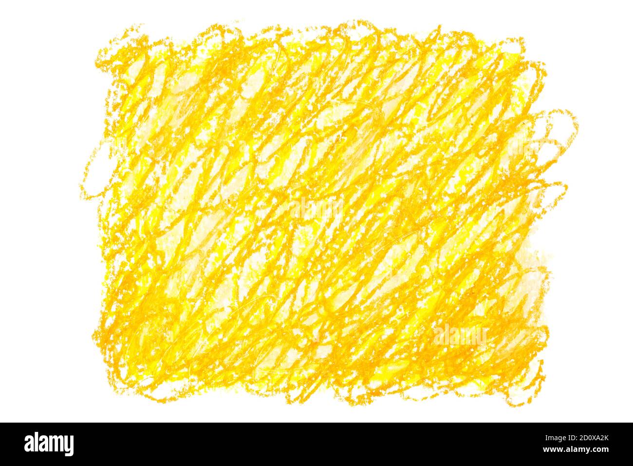 Crayon doodle background. Yellow orange oil pastel rectangle by scratches isolated on the white background.  Hand drawn texture Stock Photo
