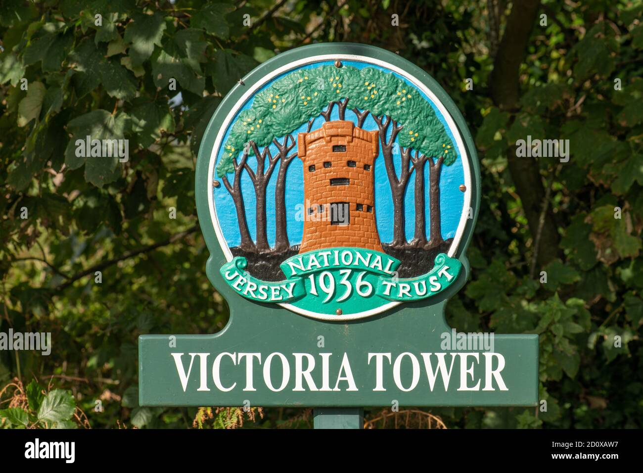 Jersey National Trust 1936, Victoria Tower, Sign, Jersey, Channel Islands Stock Photo