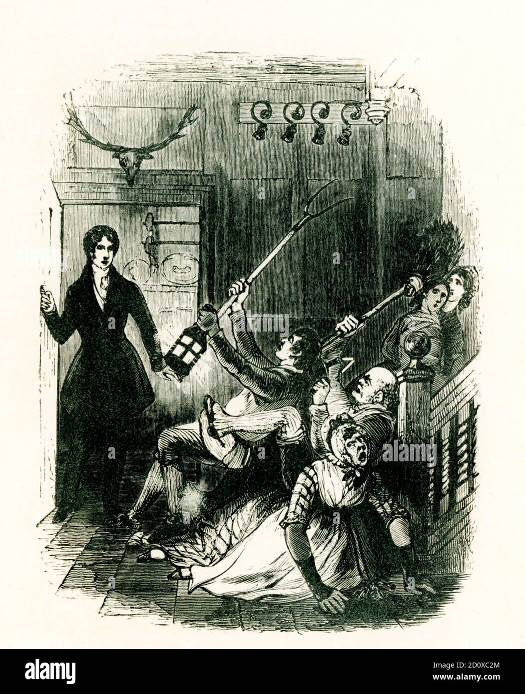 The caption for this 1853 illustration of a novel by Sir Walter Scott reads: Waverley Novels - St Ronan’s Well - Ghaist Indeed Hawl up the candle John Ostler - I’se warrant it a two-handed ghaist and the foor left on the sneck. there’s somebodyin the kitchen — gang forward wi’ the lantern, John Ostler.” At this critical momentm the stranger opened the door of the kitchen, and behold the dame advancing at thehead of her household troops…But, nothwithstanding this admirable disposition, no sooner had the stranger shown his face, and pronounced the words “Mrs dods!” than a panic seized the whole Stock Photo