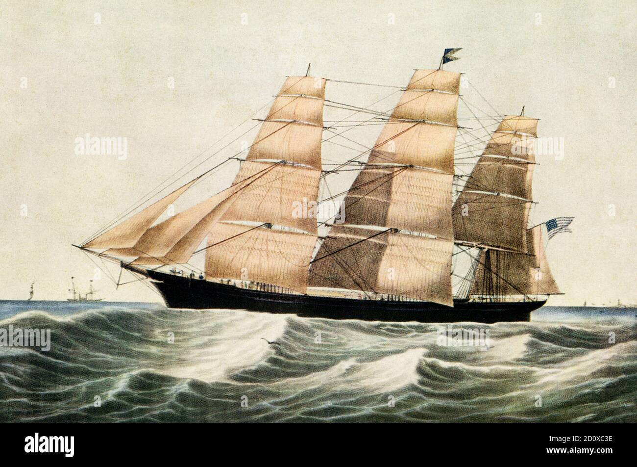 Clipper Ship 'Sovereign of the Seas' E Brown Jr del N Currier 1852.  Sovereign of the Seas, a clipper ship built in 1852, was a sailing vessel notable for setting the world record for fastest sailing ship—22 knots. Stock Photo