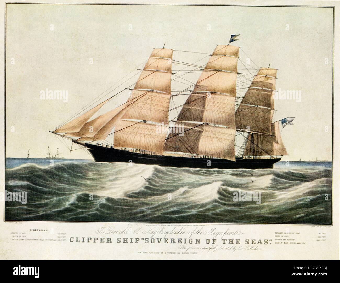 Clipper Ship 'Sovereign of the Seas' E Brown Jr del N Currier 1852.  Sovereign of the Seas, a clipper ship built in 1852, was a sailing vessel notable for setting the world record for fastest sailing ship—22 knots. Stock Photo