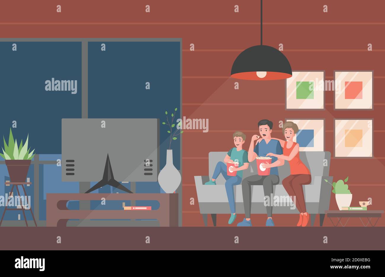 Family watching movie or tv show on television vector flat illustration. Mother, father, and son sitting on sofa in living room and watching movie. Family time, spending evening time together concept. Stock Vector