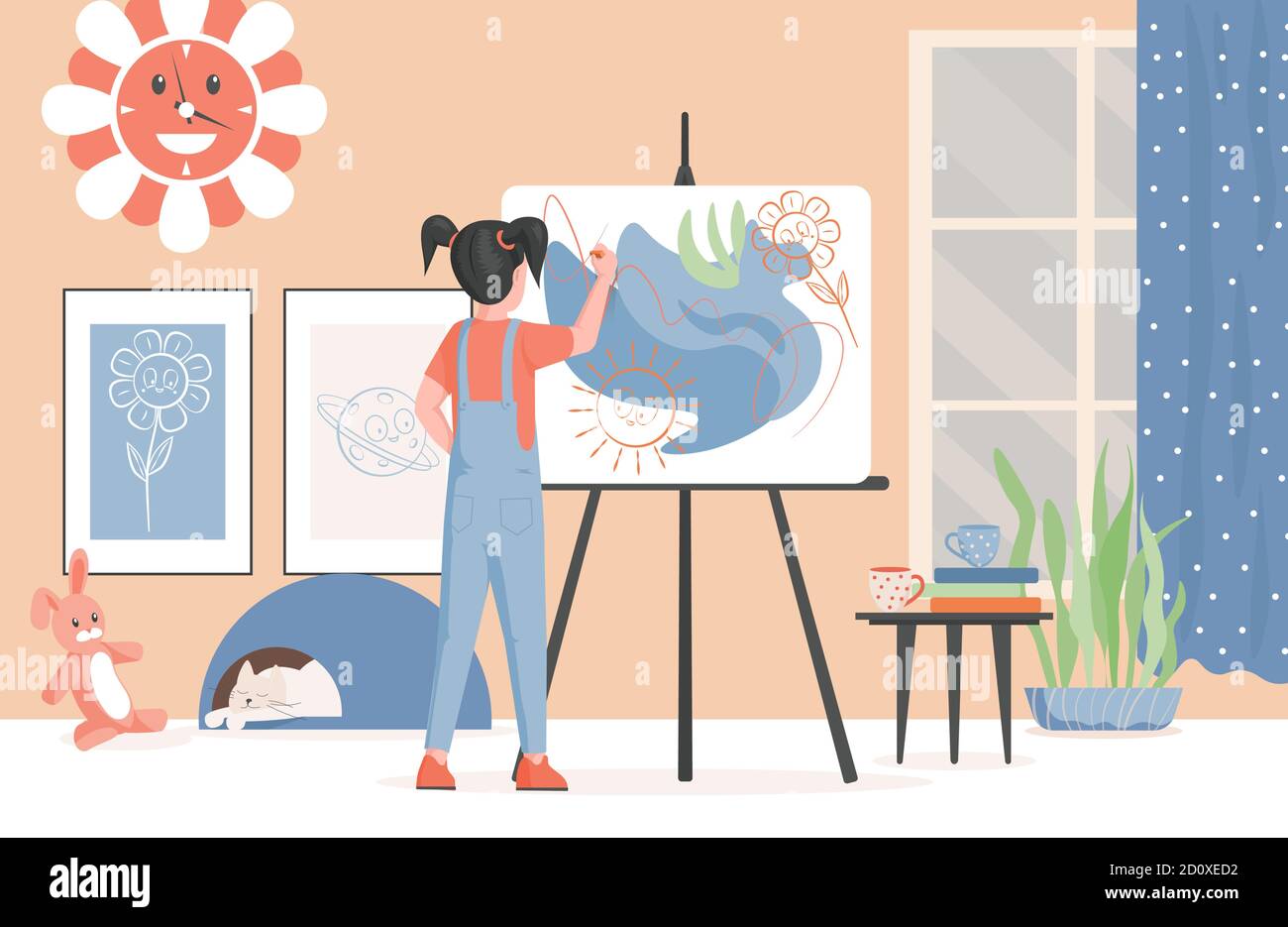 https://c8.alamy.com/comp/2D0XED2/cute-little-girl-in-modern-clothes-drawing-flowers-and-sun-on-paper-on-easel-vector-flat-illustration-children-room-interior-design-with-paintings-home-plants-and-domestic-pet-2D0XED2.jpg