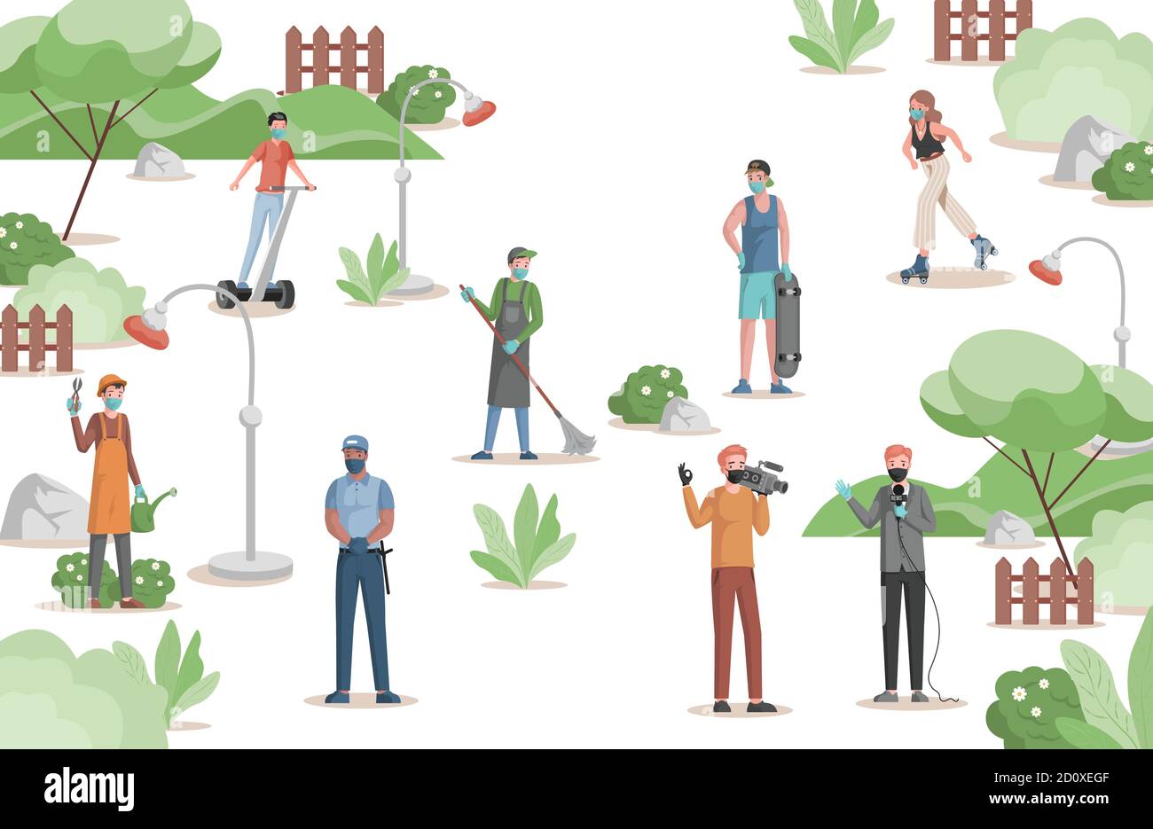 People of different professions doing their work in city park vector flat illustration. Gardener, police officer, anchorman and cameraman, janitor, skater, and roller skater in urban park. Stock Vector