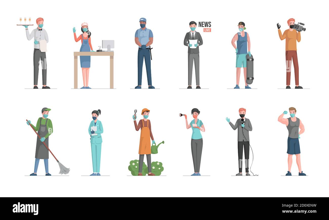 Group of people of different professions. Labor Day vector flat concept. Policeman, doctor, gardener, waiter, seller, anchorman, skater, cameraman, sportsman characters in medical masks. Stock Vector