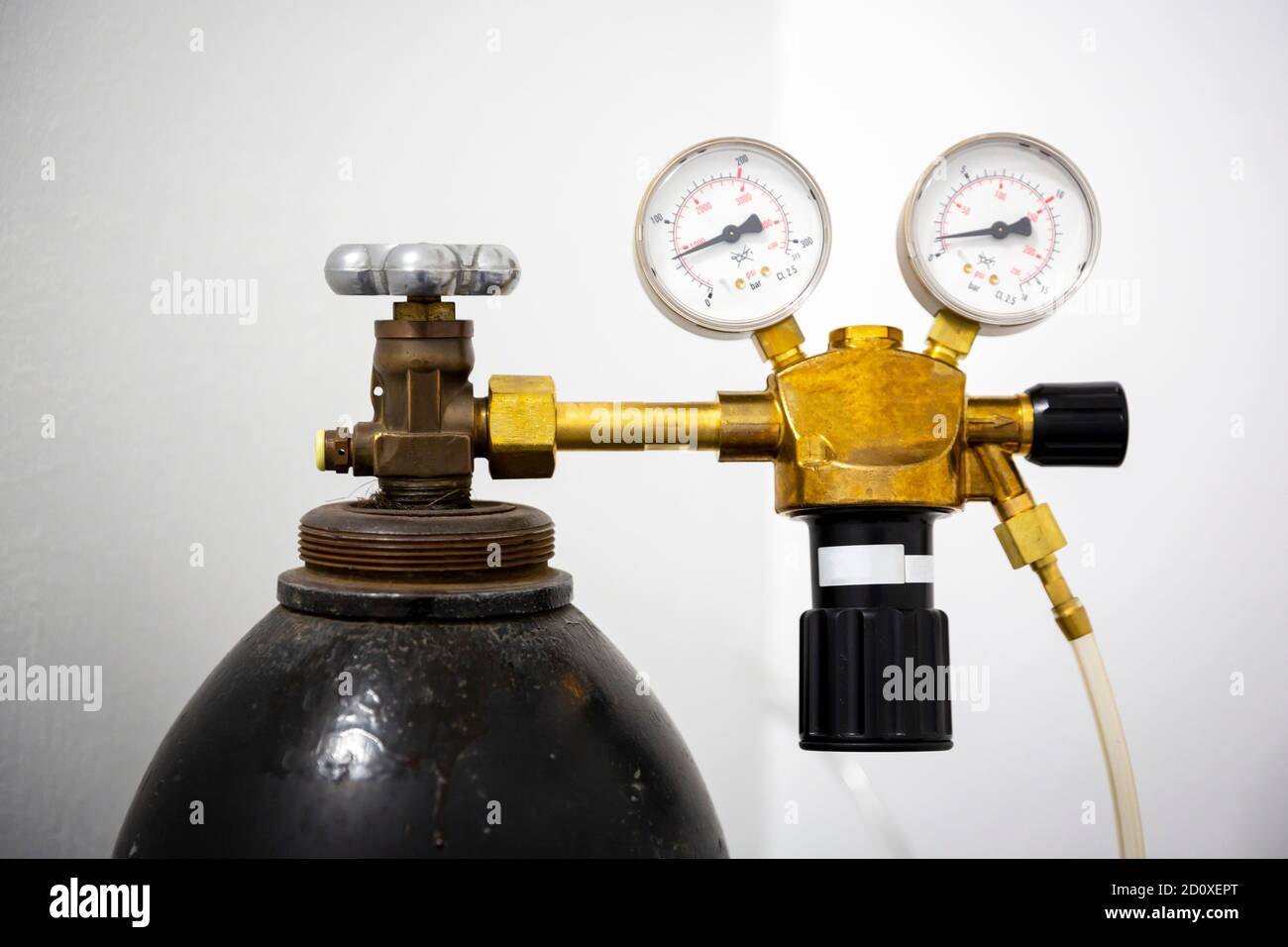 Gas welding equipment on a tank. Pressure gauges used in welding