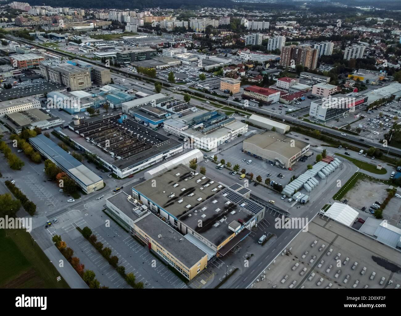 Evening industrial zone district drone aerial view Stock Photo